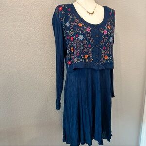 Navy Blue Embroidered Floral Dress Two Piece Long Sleeve M Cottage Boho Navy